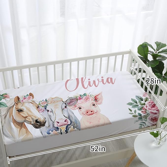 Personalized Baby Crib Bedding Set: 4 Piece Custom Flower Horse Crib Bed Set with Name, Nursery Bedding Set for Baby Girls, Newborn Boys Crib Sets, Crib Bedding Custom Gift, Crib Sheet