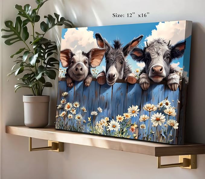 Farm Animals Canvas Wall Art Farmhouse Cow Donkey Pig Pictures Canvas Bathroom Decor Prints Painting,Rustic Animals Framed Artwork for Bedroom Living Room Kitchen Bathroom Decor12 x16