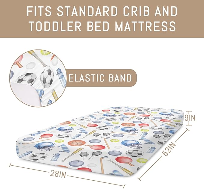 Watercolor Sport Baby Crib Sheets for Boys Soccer Basketball Baseball Golf Tennis Soft Snug Fitted Crib Mattress Covers for 52''x28'' Standard Crib & Toddler Mattress Boys Sports Lovers Gift Bed Sheet