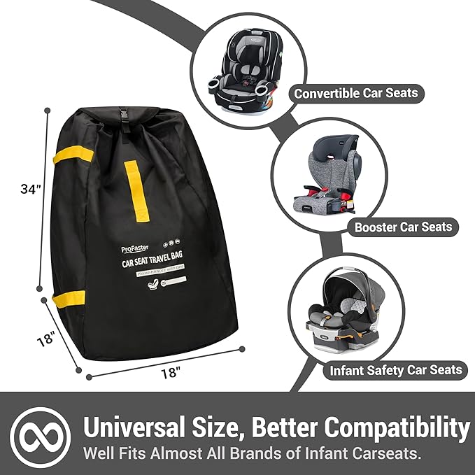 ProFaster Car Seat Travel Bag Backpack for Air Travel - Karfast Universal Infant Carseat Gate Check Bag Cover for Airplane, Foldable with Pouch, Yellow