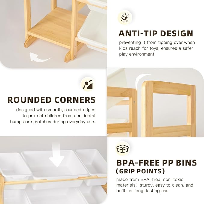 PTINFLUCE Wooden Toy Storage Organizer with 6 Shelves and 12 Bins, Toy Organizer Storage Kids Bookshelf, Toy Shelf for Playroom, Nursery, and Bedroom