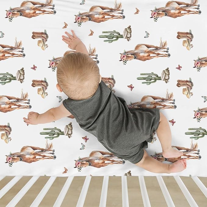 Cactus Horse Cowboy Baby Crib Sheets for Boy Girl 52x28Inch Cowboy Boots Hat Butterflies Soft Snug Fitted Crib Mattress Covers Western Horses Baby Sheet for Standard Crib & Toddler Bed Mattress