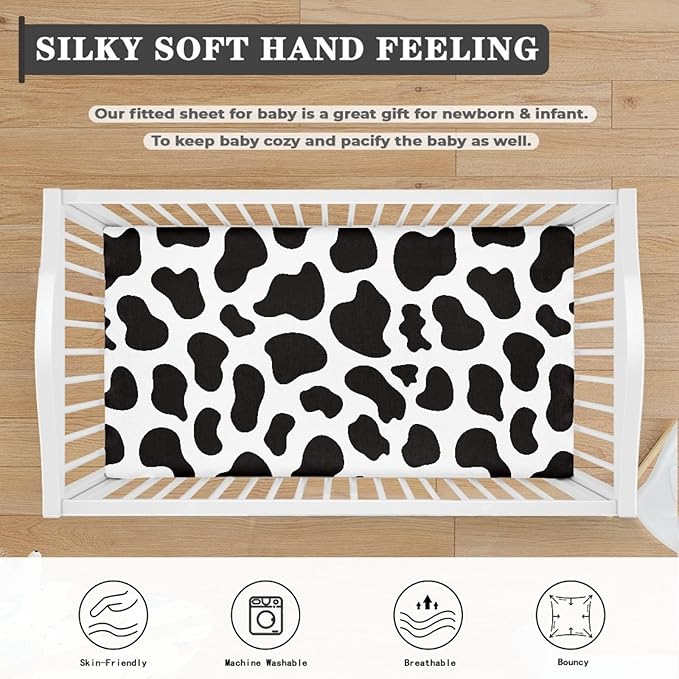 Cow Pattern Fitted Crib Sheet Black White Cowhide Baby Crib Sheet Fit Standard Crib and Toddler Mattress,Crib Mattress Sheets for Boys Girls 28"x52"