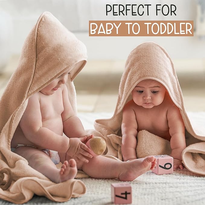 Organic Cotton Plush Woven Hooded Baby Towels, 31x31 Inches, Plush Bath Towels with Hood for Newborns and Kids, Girls & Boys (Sand, 31.4" L x 31.4" W)