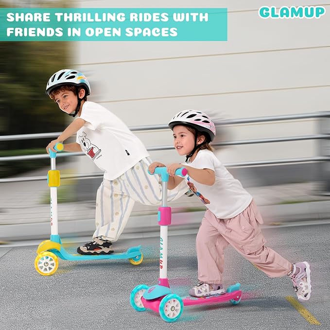 GLAMUP Kids Kick Scooter 3 Wheels, Kids Scooter Height Adjustable Handlebar, Lean-to-Steer System & Easy-Folding Mechanism, Ages 3-14 Boys and Girls