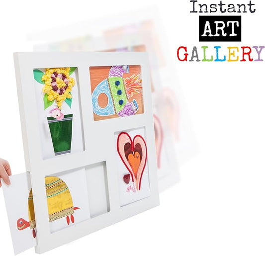 Articulate Gallery Quadruple Children's Artwork Frame, Fits Four 9 x 12’’ artwork, an award-winning slot sided picture frame for the instant display of 2D and 3D children’s artwork