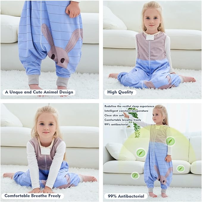MICHLEY Toddler Sleeping Sack with Feet Newborn Infant Sleeveless Sleeping Bag 2-way Zipper Baby Wearable Blanket for Walkers,Blue Rabbit,1-3T