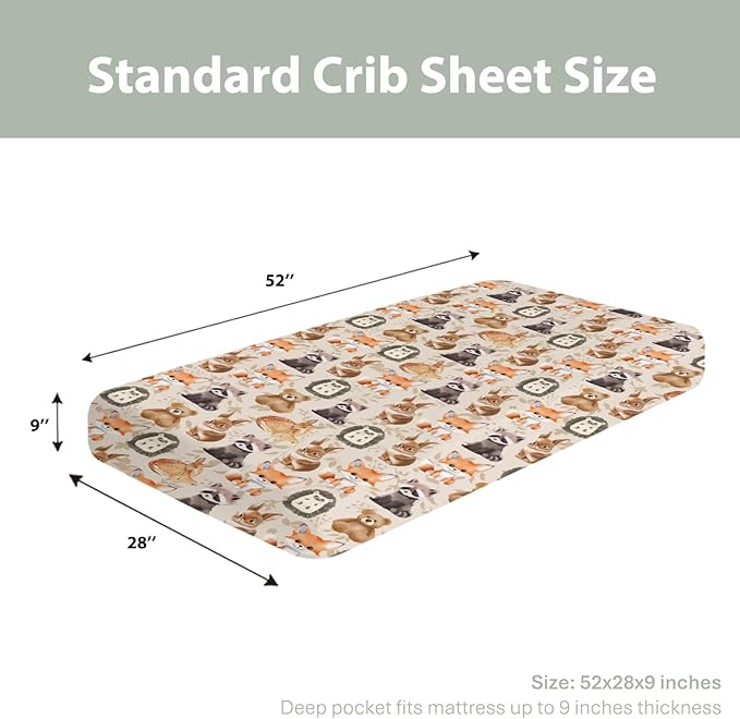 Vintage Animals Boho Floral Baby Crib Sheets for Boy Girl 28"x52" Bear Raccoon Deer Rabbit Hedgehog Leaves Soft Snug Fitted Crib Mattress Cover Baby Sheet for Standard Crib & Toddler Bed Mattress