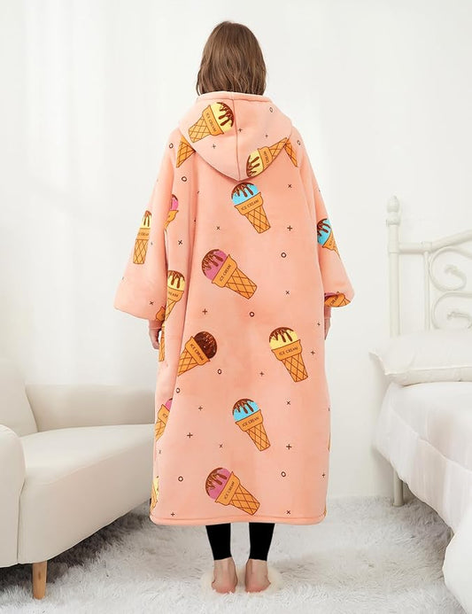 KFUBUO Wearable Blanket Hoodie for Adult Long Sherpa All Patterns ice Cream Oversized Hoodie Sweatshirt Blanket Cute Birthday Gifts for Women