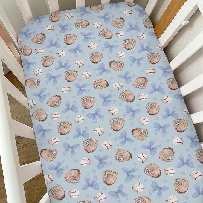 Pastel Blue Baseball Bows Baby Crib Sheets for Boys Watercolor Boy Baseball Soft Snug Fitted Crib Mattress Covers for 52''x28'' Standard Crib & Toddler Mattresses Outdoor Sports Bed Sheets