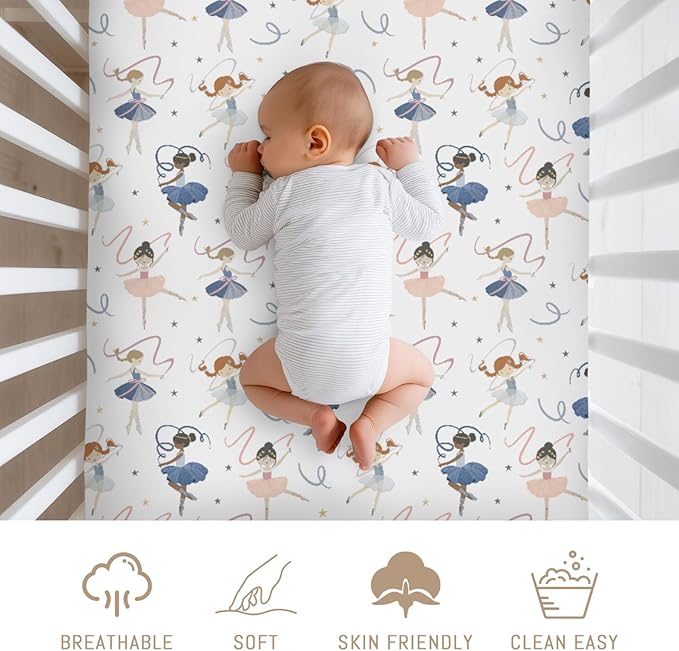 Cream Dancing Girls Baby Crib Sheets for Girls Neutral Little Ballet Dancers Soft Snug Fitted Crib Mattress Covers for 52''x28'' Standard Crib & Toddler Mattress Pad Girly Ballet Dancer Baby Sheets