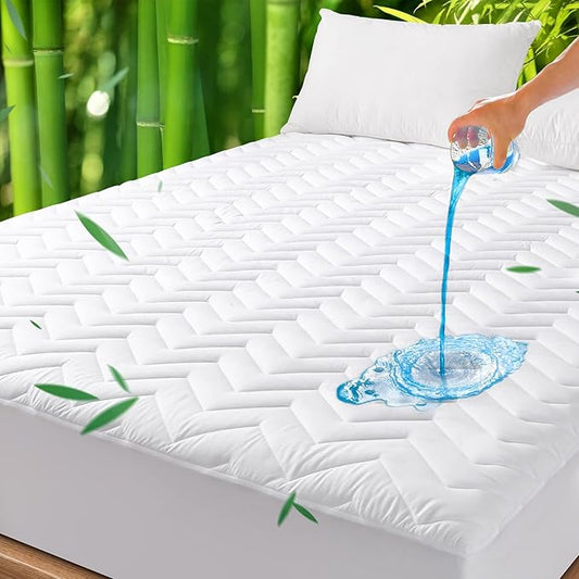 Unilibra Cal King Size Waterproof Mattress Pad Rayon Made from Bamboo, Quilted Breathable Mattress Protector, 6''-25'' Deep Pocket Fitted Mattress Cover White