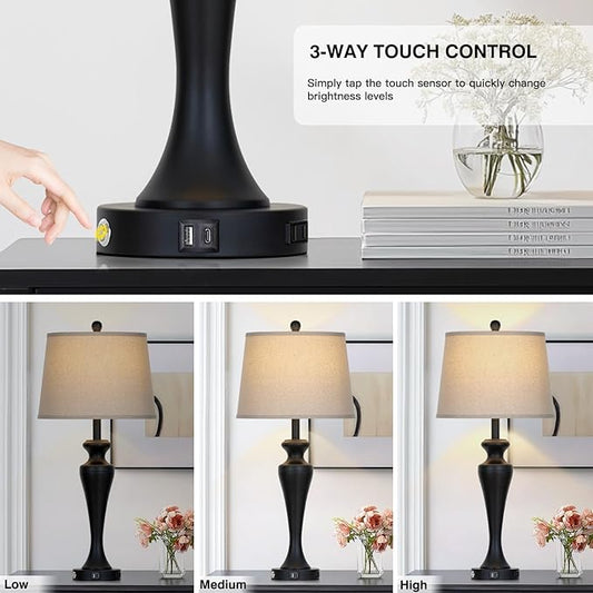 luxeflow 30" Black Table Lamps Set of 2, Touch Control Tall Living Room Lamp with USB A+C Ports and AC Outlet, 3-Way Dimmable Bedside Lamps for Nightstand, Modern Metal Bedroom Lamp, 2 Bulbs Included