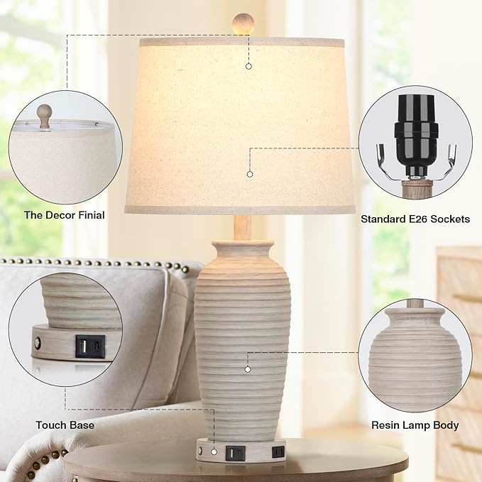 CINSARY 25" Farmhouse Jar Table Lamps Set of 2, 3 Way Touch Control Rustic Bedside Lamps with USB A+C Ports & AC Outlet, Pot Nightstand Lamps for Bedroom Living Room (LED Bulbs Included)