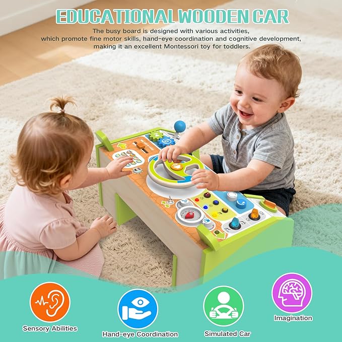 Montessori Car Busy Board for Toddlers, Wooden Sensory Steering Wheel Activity Baby Toy with Lights, Buttons, Gears & Key Start, Kids Interactive Educational Toys for Boys Girls