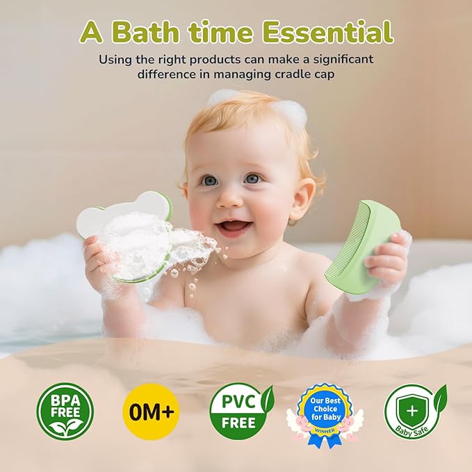 Cloud Baby Cradle Cap Brush & Baby Comb Set, 3-in-1 Cradle Cap Treatment with Soft Brush, Hair Comb & Bath Sponge, BPA-Free, Easy to Use | Infant Bath Essentials - Extra Sponge, Serene Green