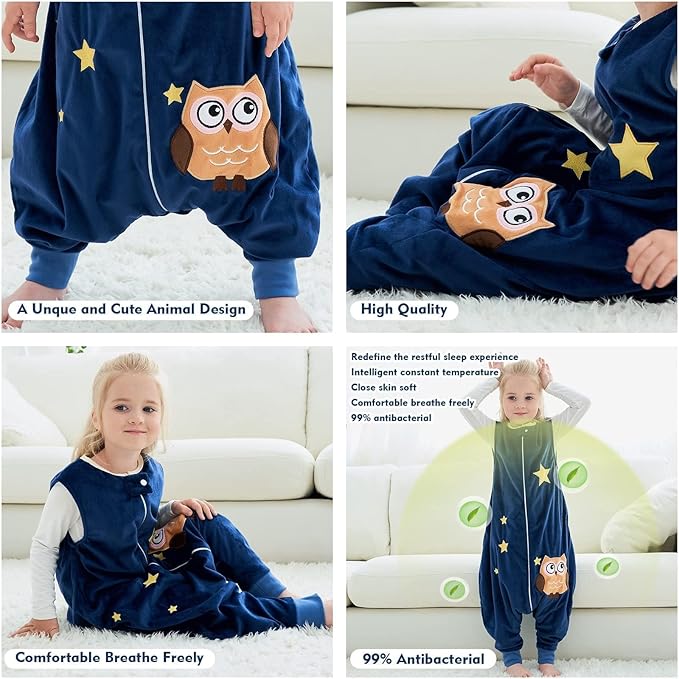 MICHLEY Toddler Sleeping Sack with Feet Newborn Infant Sleeveless Sleeping Bag 2-way Zipper Baby Wearable Blanket for Walkers,Dark Blue Owl,3-5T