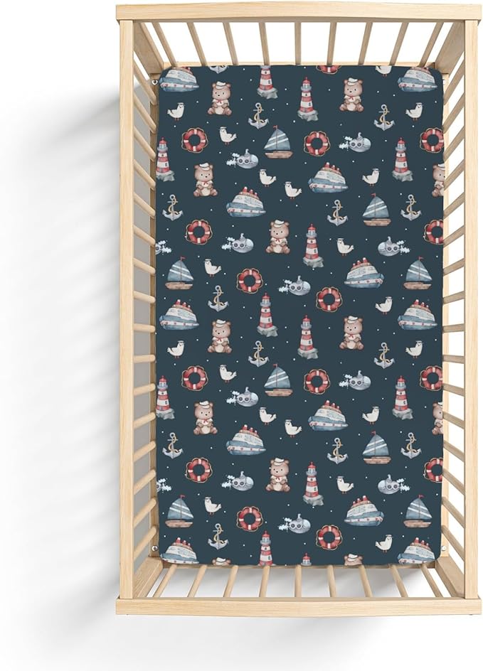 Sailor Bear Watercolor Baby Crib Sheets for Boy Girl 52x28Inch Bear Lighthouse Anchors Boats Soft Snug Fitted Crib Mattress Cover Coastal Nautical Life Baby Sheet for Standard Crib & Toddler Mattress