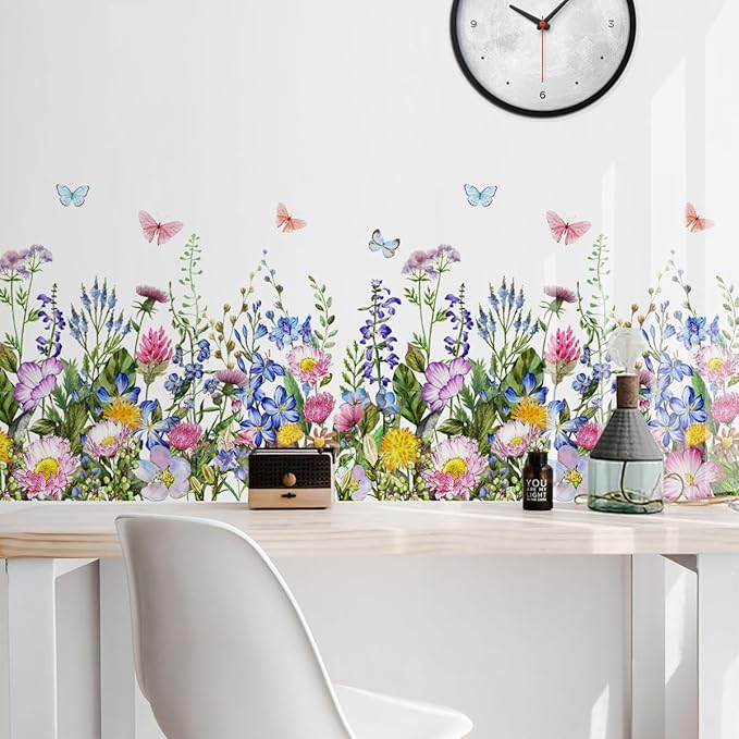 4 Pieces Flowers Wall Decals Vinyl Flowers Wall Stickers Removable Floral Murals Peel and Stick Colorful Flower Decor for Girls Bedroom Living Room Nursery (Butterfly)