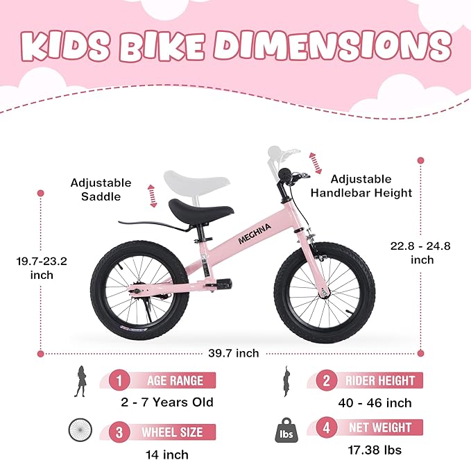 MEGHNA 2 in 1 Toddler Balance Bike 14 inch Wheel Kids Bike Aged 3-7 Years Old with Footrest Detachable Training Wheels Caliper and Coaster Brake Strider Bike for Boys Girls, Easy to Assembly