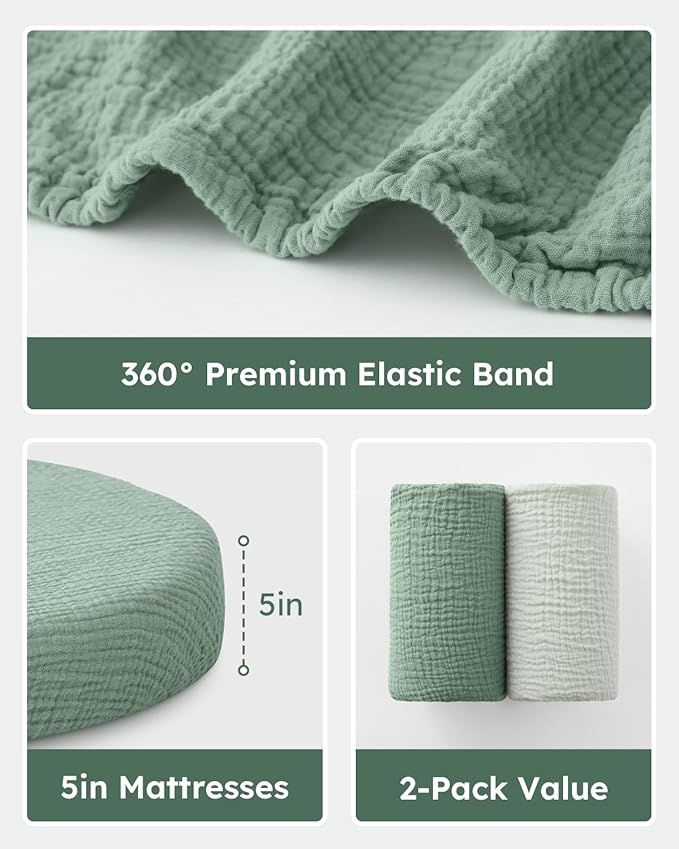 Muslin Bassinet Sheets Boy Girl, 100% Cotton Fitted Bassinet Sheet Set 2 Pack Bassinet Mattress Sheets Universal Fit for Rectangle, Round, Oval, Hourglass Mattress, Soft Breathable