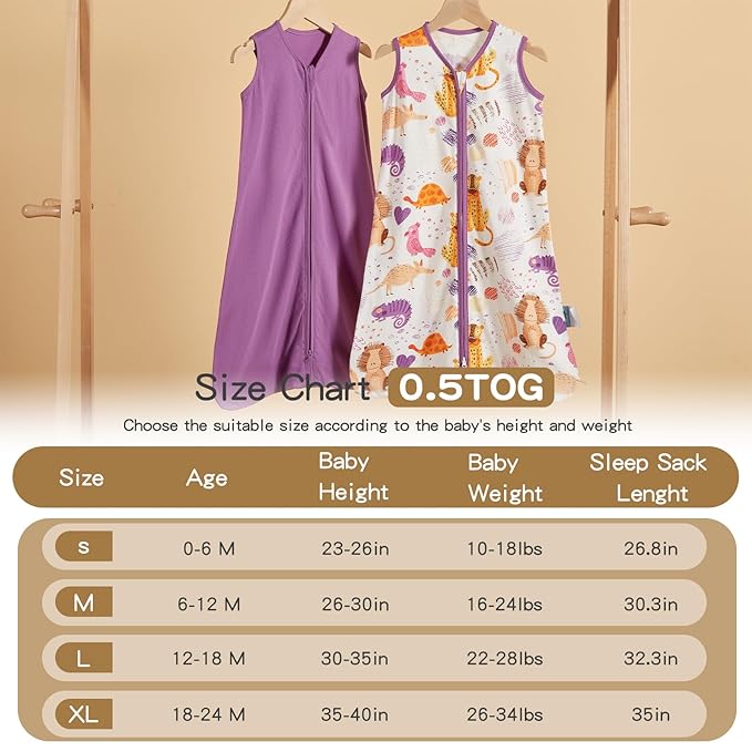 TILLYOU 2 Pack Baby Sleep Sack 6-12 Months 100% Cotton Wearable Blanket 0.5 TOG Sleeveless Summer Sleep Sacks with 2-Way Zipper, Animal Graffiti & Purple