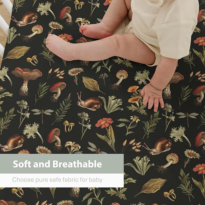 Fairytale Mushroom Baby Crib Sheets for Boy Girl 52x28Inch Retro Mushrooms Floral Leaves Soft Snug Fitted Crib Mattress Cover Magical Plant Baby Sheet for Standard Crib & Toddler Bed Mattress