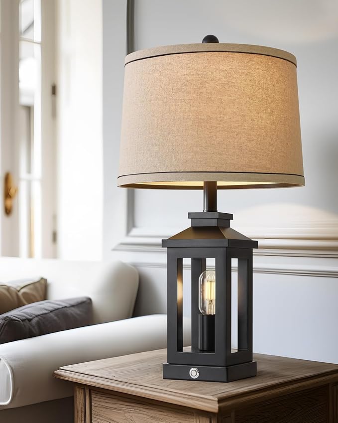 G-SAFAVA 23.75" Retro Farmhouse Black Table Lamp for Living Room Bedroom Nightstand Single Pack Touch Control Bedside Nightlight Vintage Modern Lamp with USB C+A Ports and 2 Light Sources