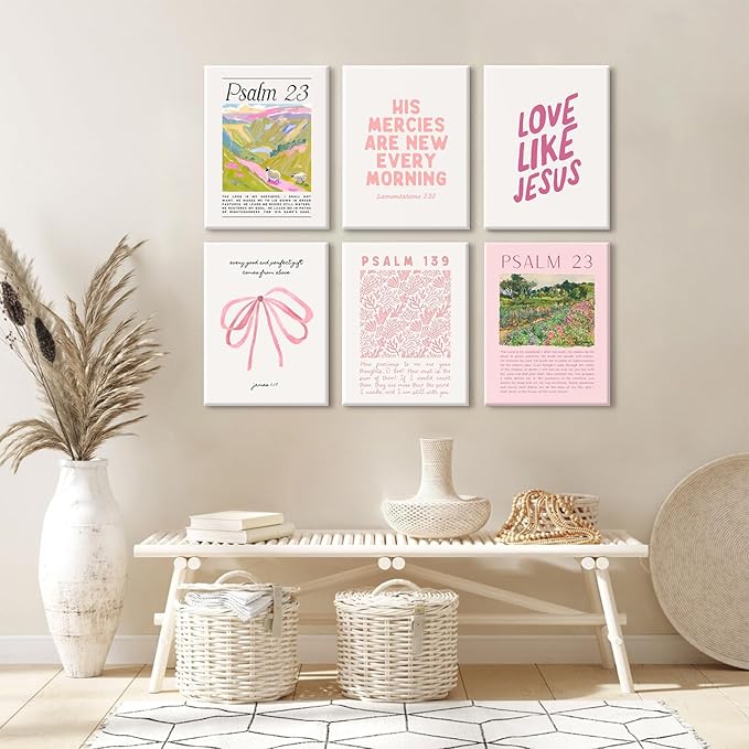 Christian Wall Art Pink Bible Verse Canvas Wall Decor Trendy Preppy Room Poster Cute Girls Scripture Pictures Decor Floral Bow Religious Prints Nursery Artwork for Bedroom 8x10x6 Inch Wrapped Canvas