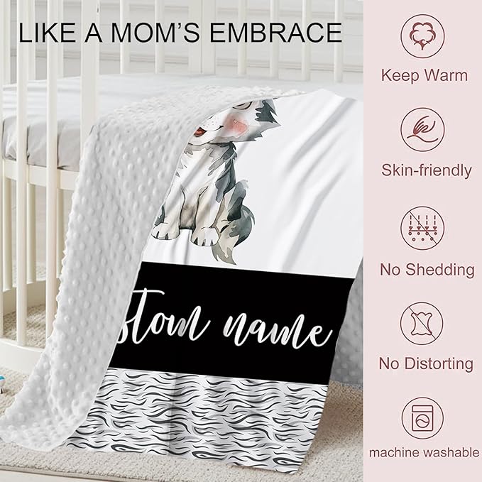Personalized Baby Crib Bedding Set, Custom Name Little Wolf Baby Bedding 2-Pcs Set - Soft Double Layer Dotted Blanket and Fitted Sheet, Nursery Bedding for Newborn Boys Girls, Perfect Shower Gift