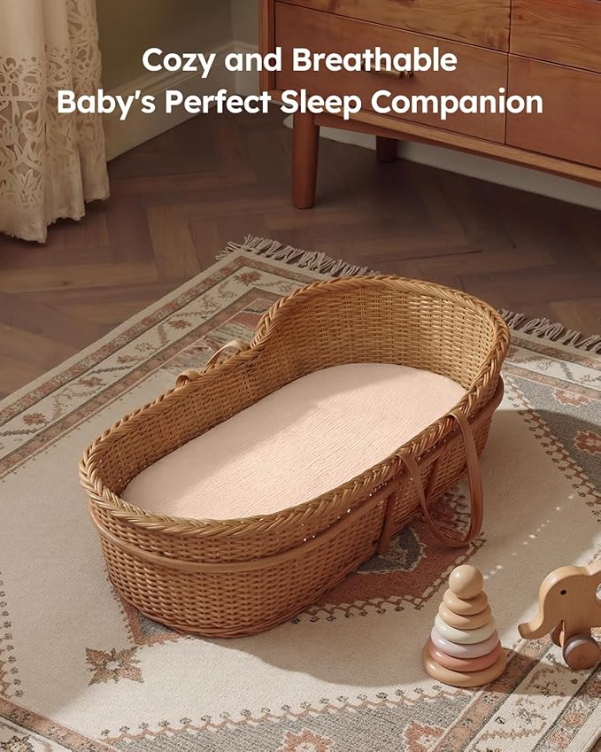 Muslin Bassinet Sheets Boy Girl, 100% Cotton Fitted Bassinet Sheet Set 2 Pack Bassinet Mattress Sheets Universal Fit for Rectangle, Round, Oval, Hourglass Mattress, Soft Breathable