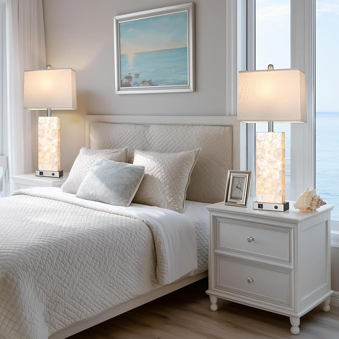 luxeflow 28" Coastal Table Lamps for Living Room Set of 2, Bedside Lamps with Night Light, USB A+C Ports, Modern Sea Shell Bedside Night Stands Light for Beachy Cottage Decor (Silver)