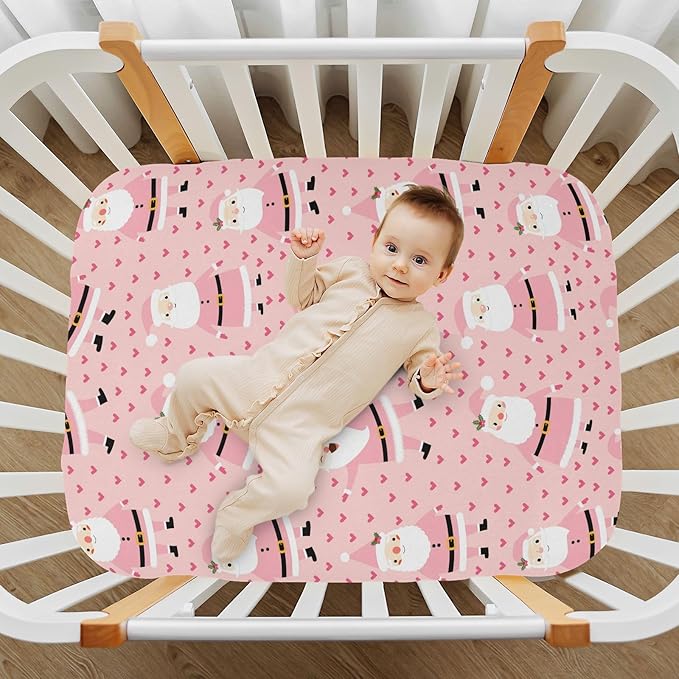 Christmas Pink Santa Crib Sheets Soft Breathable Fitted Baby Playard Sheets Mattress Cover for Girl Boys, 39" x 27" x 5"