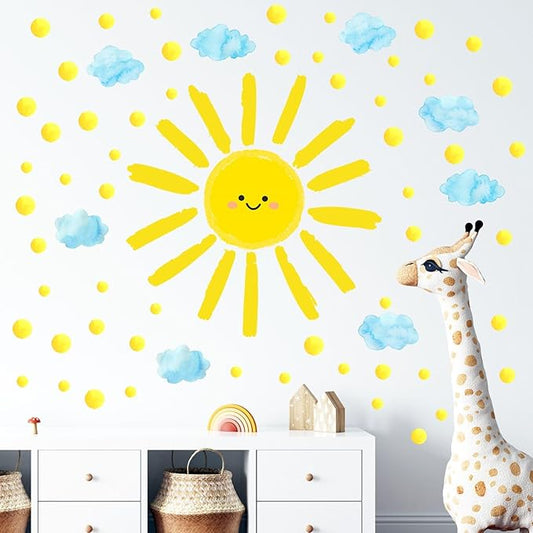 Eutecado Sun Wall Decals Watercolor Cloud Wall Stickers for Kids Room, 12 Sheets Large Sun Cloud Wall Decor Posters Polka Dots Wall Stickers Home Decorations for Girls Room Bedroom Play Room