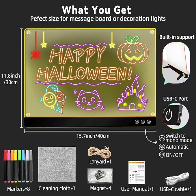 LED Magnetic Rechargeable Note Board, 11.8"x15.7" Large Acrylic Dry Erase Board with 11 Light Modes, Cordless Glowing Message Board with Hanging Chain & Stand, Professional Signage for Office