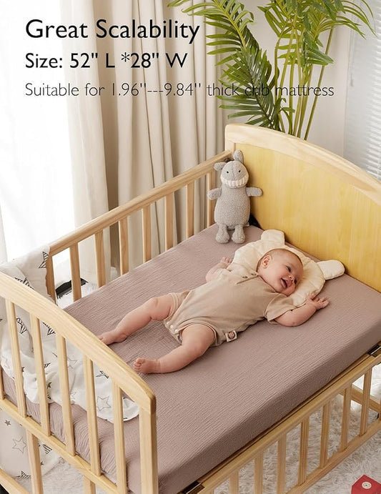 Momcozy Muslin Standard Fitted Crib Sheets, 52"x28", 2 Pack Soft Breathable Natural Cotton Baby Mattress Sheet, 360° Mattress Wrapping No Slip Boys Girls Neutral Toddler Bed Sheet, Beige Coffee Red