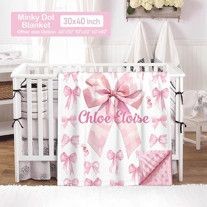 Personalized Baby Crib Bedding Set – Custom Name 4 Pcs Pink Bow Nursery Set with Minky Blanket, Fitted Sheet, Pad Cover & Rug, Soft Bedding for Girls, Ideal Shower Gift for Baby, New Parents