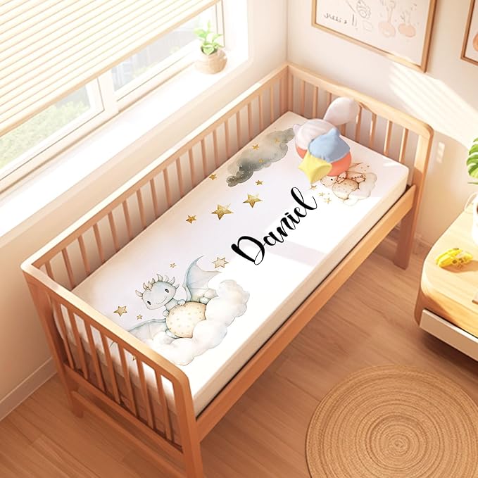 Personalized Flying Dragon Baby Crib Bedding Set for Boys Girls – Custom Name 3-Piece Nursery Bedding with Blanket, Fitted Crib Sheet & Pillowcase – Soft Baby Bedding for Newborn Infant Toddler