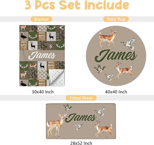 Personalized Crib Bedding Set - 3 Pcs Custom Name Baby Bedding Set for Nursery, Cool Double Layer Baby Crib Set for Boys Girls, Customized Gifts for Toddler Infant New Parents, Woodland Deer