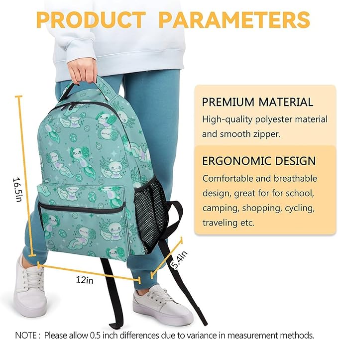 Mercuryelf Axolotl Backpack for Girls, 16 Inch Emerald Green Backpacks for School Travel, Cute Lightweight Bookbag for Kids