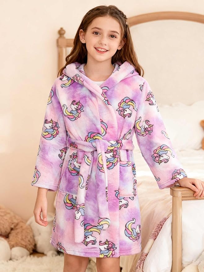 SANGTREE Boys Girls Robe Fleece Hooded Soft Toddler Bathrobe Cute Boys Bathrobe Fuzzy Plush Robes for Kids, 2-12 Years