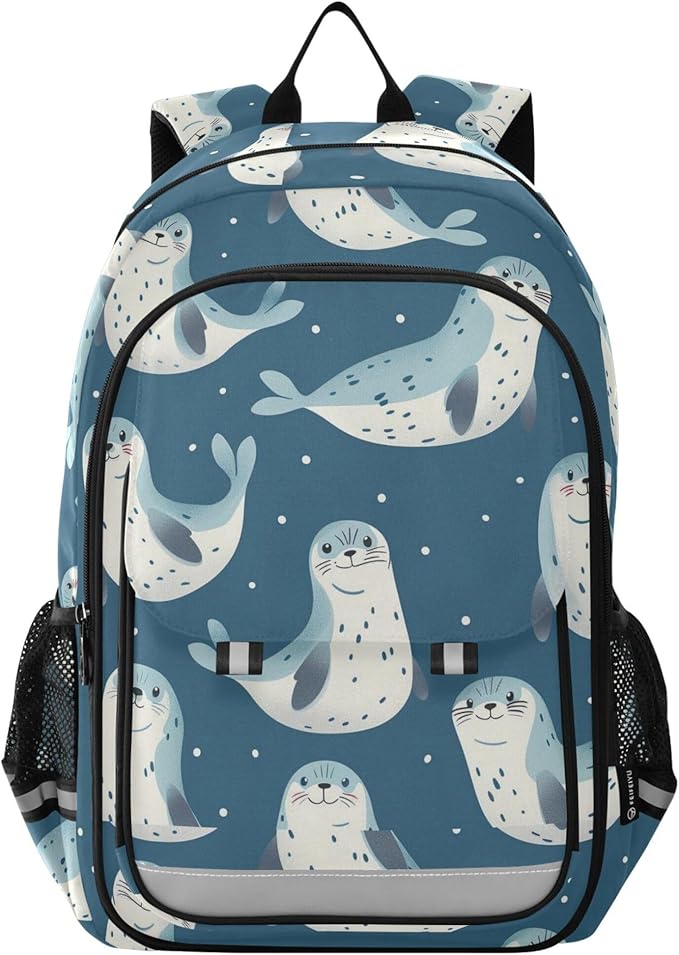 Jucciaco Seal Cartoon School Backpack Laptop Travel Backpack for Kids Girls Boys, Computer Notebooks Bookbag with Reflective Stripes