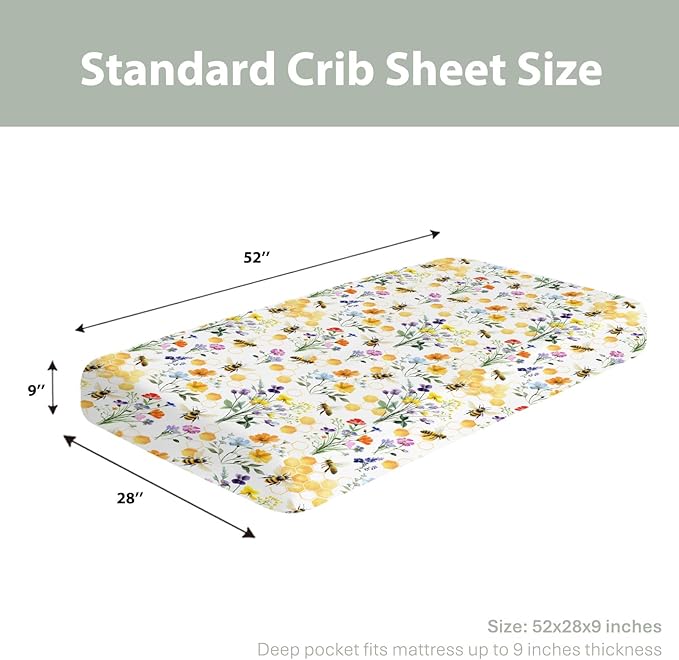 Boho Wildflower Bees Honeycomb Baby Crib Sheets for Boy Girl 52x28Inch Watercolor Honeybee Floral Soft Snug Fitted Crib Mattress Cover Summer Baby Sheet for Standard Crib and Toddler Bed Mattress