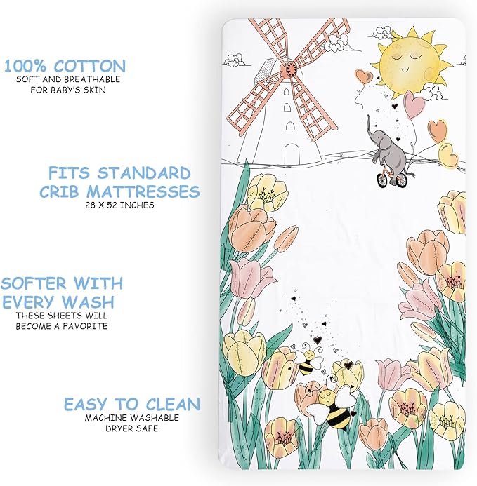 JumpOff Jo - Fitted Crib Sheet, Super Soft Breathable 100% Cotton Baby Crib Sheet for Standard Crib Mattresses and Toddler Beds, 28 in. x 52 in. - Tulip Fields