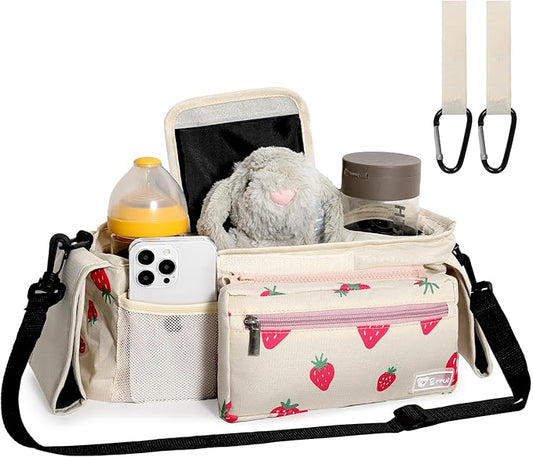 Universal Stroller Organizer with Insulated Cup Holders and Detachable Phone Bag,Stroller Caddy Fits for Stroller Accessories like Uppababy, Baby Jogger, Doona, Nuna Stroller (strawberry)