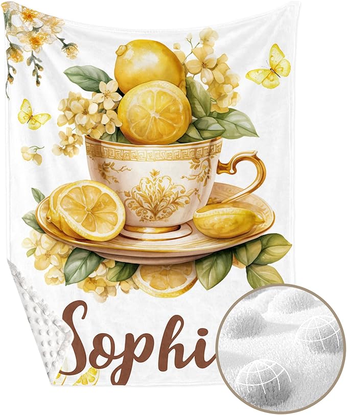 Personalized Baby Crib Bedding Set, Custom Name Lemon Tea Design Baby Bedding 2-Pcs Set-Soft Double Layer Dotted Blanket and Fitted Sheet, Nursery Bedding for Newborn Boys Girls, Perfect Shower Gift