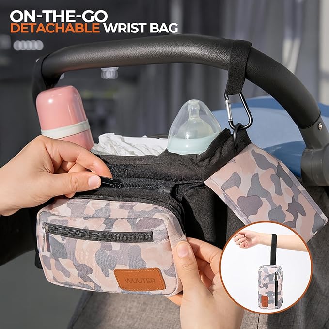WUUTER Stroller Organizer with Cup Holder Detachable Wristlet Large Capacity Baby Stroller Bag for Mom, Fits Uppababy, Baby Jogger, Britax, BOB, More (Multicolor)