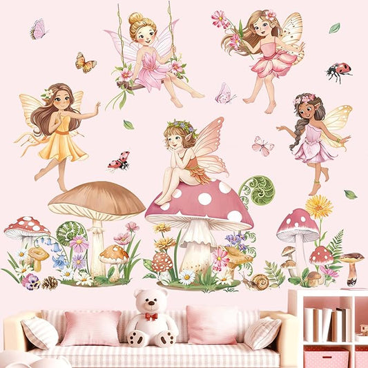 decalmile Pink Fairy Girls Wall Decals Large Mushroom Flower Butterfly Wall Stickers Girls Bedroom Baby Nursery Kids Room Wall Decor