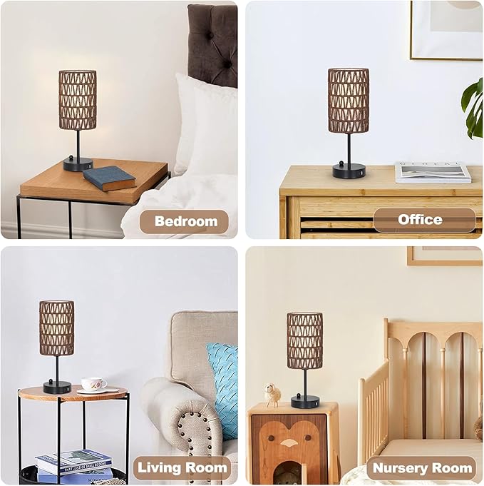 Eayaya Bedside Lamps Set of 2, Touch Control Night Stand Lamp for Bedroom with Rattan & Linen Shade & Bulbs, 3 Way Dimmable Small Boho Table Lamps with USB Charging Port & Phone Stand (Coffee Color)
