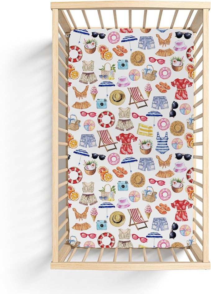 Watercolor Girl Beach Days Baby Crib Sheets for Boy Girl 52x28Inch Summer Seaside Soft Stretchy Fitted Crib Mattress Cover Beach Vacation Holiday Baby Sheet for Standard Crib & Toddler Mattress Pad